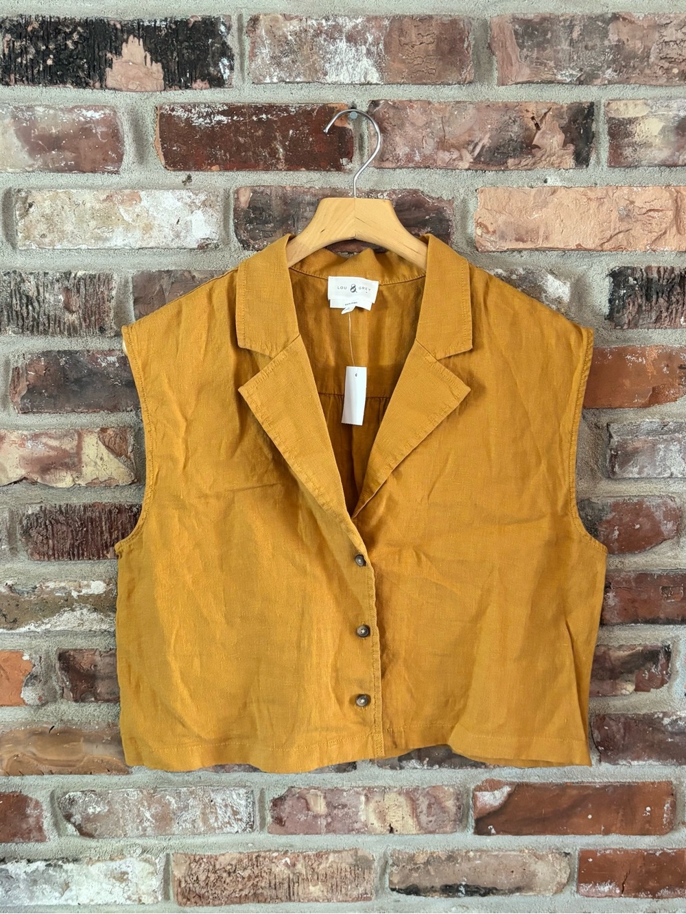 Lou & Grey Mustard Yellow 100% Linen Button Up Sleeveless Shirt Top NWT, L